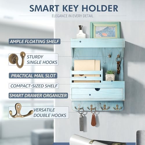 Rebee Vision Farmhouse Key Holder Wall Mount with Drawer Organizer - Blue