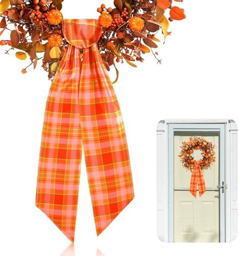 YLOLUL 2 Pcs Fall Wreath Sash for Front Door Buffalo Check Satin Bow DIY Autumn Garland Decor