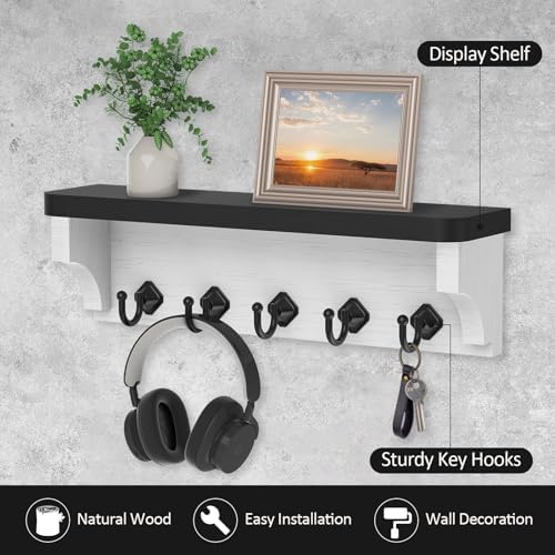 Nekon Wall Key Holder with Floating Shelf and 5 Hooks Black