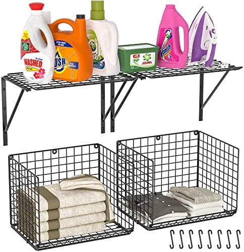2 Pack Laundry Room Shelves with 8 Hooks Black