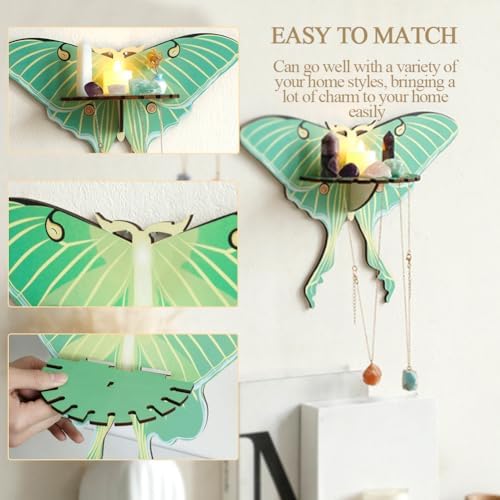 Butterfly Wall Shelf Storage Rack 1Pcs Wooden Green Butterfly Hanging Display Shelf for Stones Candles and Necklaces