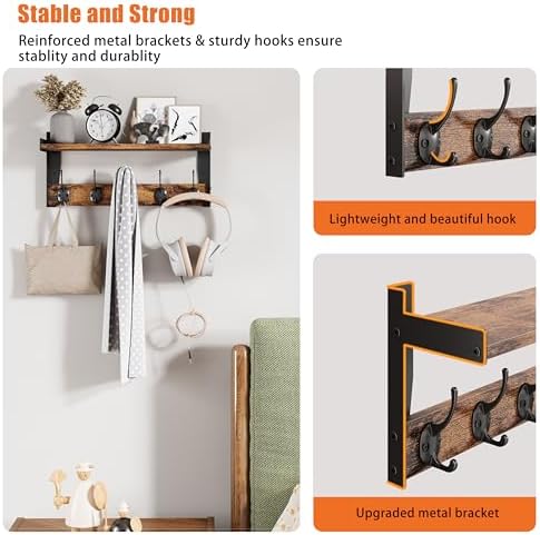 Wall Hooks with Shelf Wood Coat Rack with 5 Metal Hooks