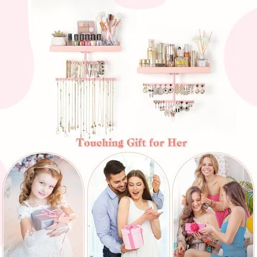 Keebofly Wall Mounted Jewelry Organizer with Wooden Shelf