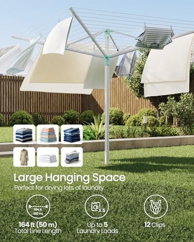 SONGMICS Retractable Clothesline Drying Rack 164 ft 5 Loads Height Adjustable Garden Use Silver Green
