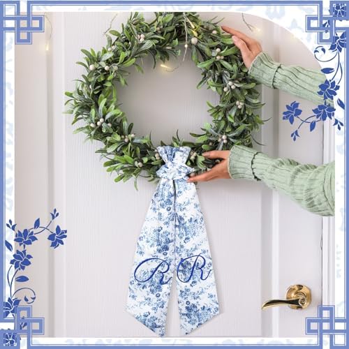 2 Pcs Monogram Wreath Sashes for Front Door Blue and White Decor