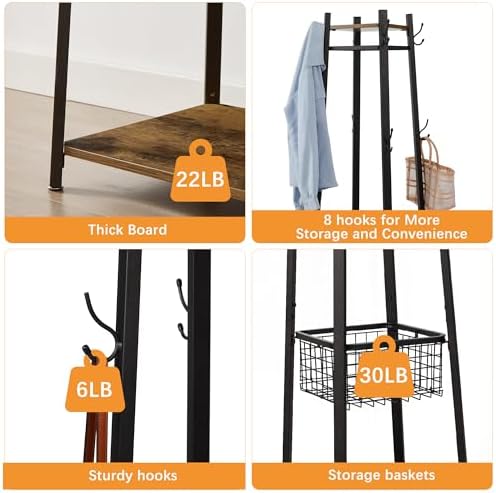 VECELO Freestanding Coat Rack with Metal Basket and Shelves