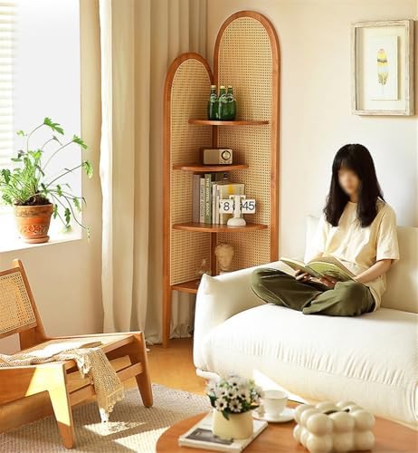 Tall 4-Tier Wood Corner Shelf with PE Rattan Weave Orange