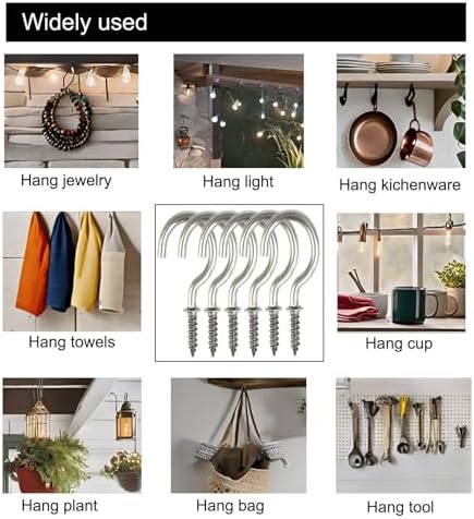 50 Pcs 304 Stainless Steel Screw Ceiling Hooks 78 Inch Cup Hooks for Indoor and Outdoor Use