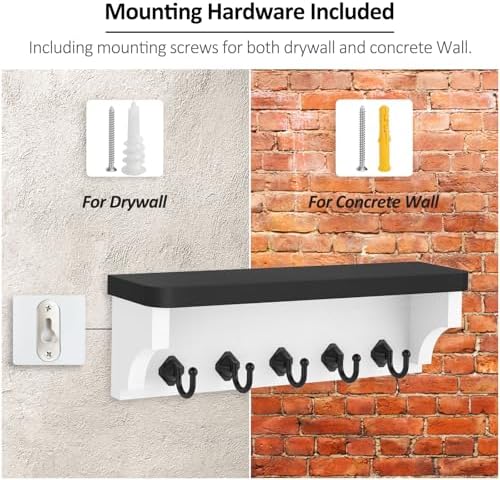 Nekon Wall Key Holder with Floating Shelf and 5 Hooks Black