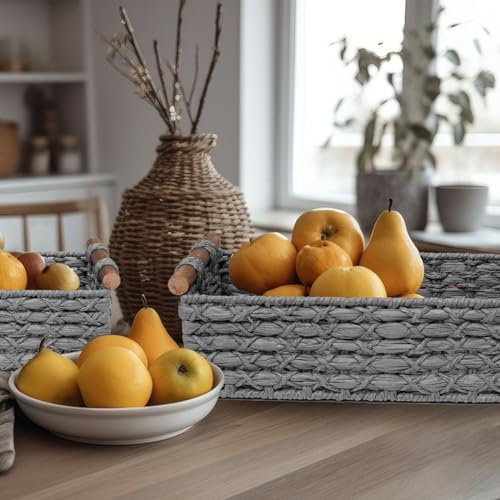Handmade Wicker Storage Basket with Handle - Light Grey