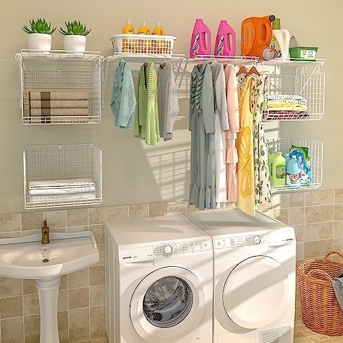 2 Pack Laundry Room Wall Shelves with Wire Baskets and 8 Hooks - White