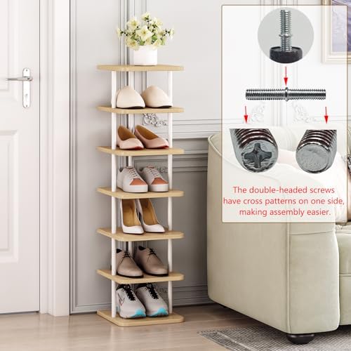 7 Tiers Vertical Shoe Rack for Space Saving White and Oak
