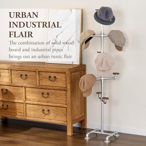 MyGift Industrial Silver Tone Metal Pipe Rack with 10 Round Wood Hat Hangers