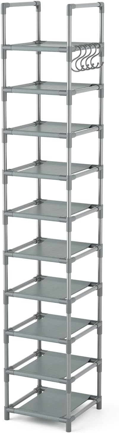 LANTEFUL 10-Tier Narrow Shoe Rack for 10-15 Pairs Space Saving Grey Organizer
