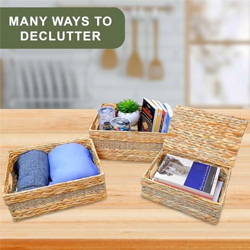 Bezoval Wicker Storage Baskets with Lids Set of 3 Rectangular Boxes