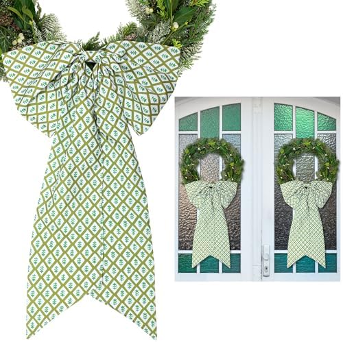 2 Pcs Green Block Print Wreath Sash for Front Door