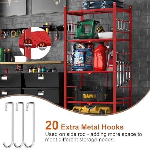 Himix 5-Tier Foldable Storage Shelves with 20 Hooks Red
