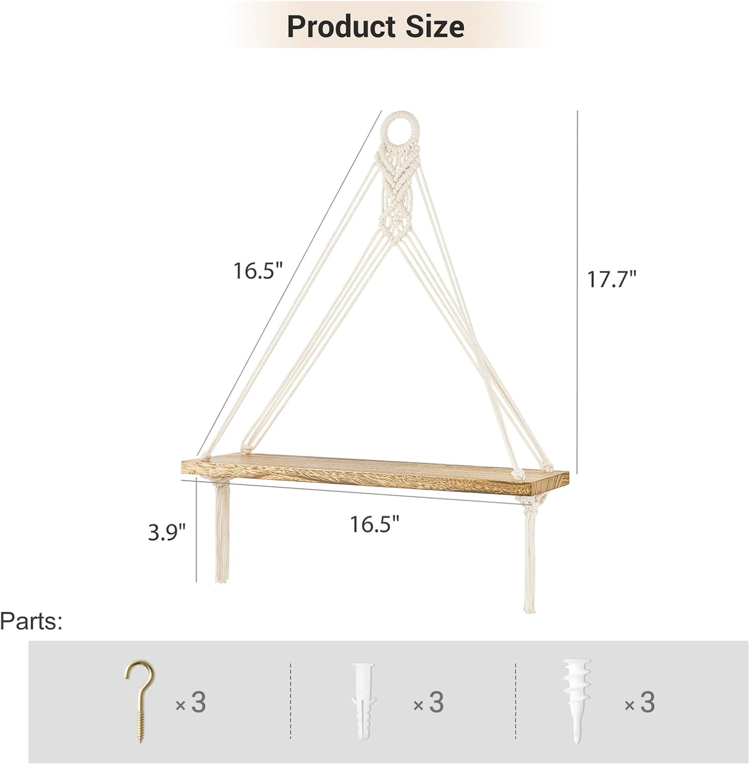 Mkono Macrame Hanging Shelves Set of 3 Rustic Wood Floating Storage Shelf for Bedroom Bathroom Living Room