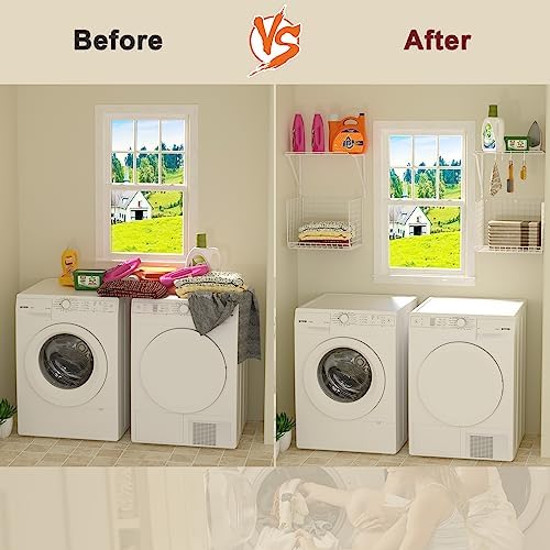 2 Pack Laundry Room Wall Shelves with Wire Baskets and 8 Hooks - White