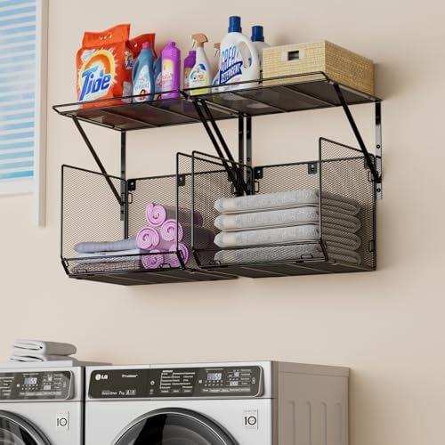 2 Pack Laundry Room Shelves with Wire Mesh Baskets and Wall Mount Clothes Drying Racks