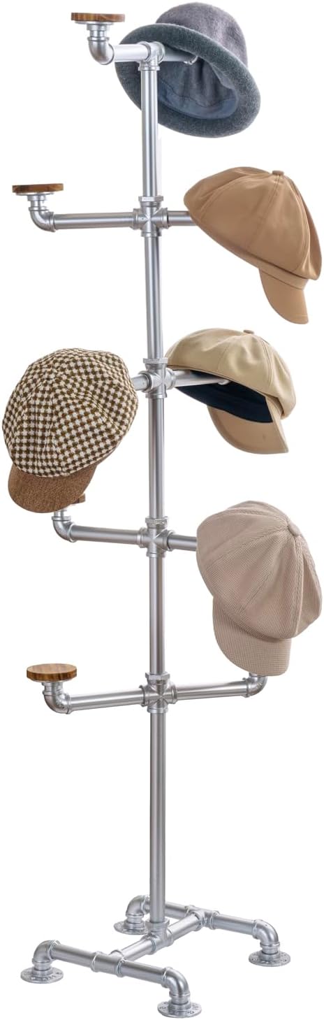 MyGift Industrial Silver Tone Metal Pipe Rack with 10 Round Wood Hat Hangers