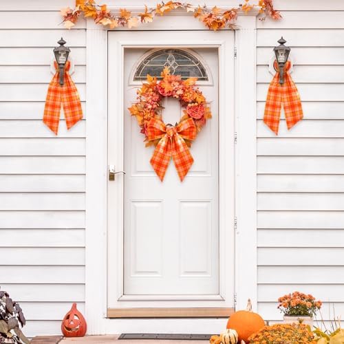 YLOLUL 2 Pcs Fall Wreath Sash for Front Door Buffalo Check Satin Bow DIY Autumn Garland Decor