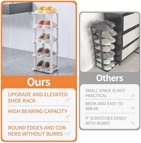 5 Tiers Shoe Rack Organizer for Closet Entryway Storage Free Standing Stackable Vertical Narrow Plastic Shoe Holder Grey