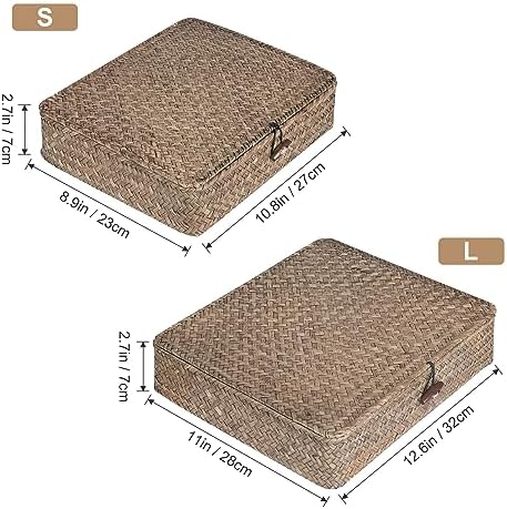 FOSSORH Set of 2 Flat Seagrass Storage Bins with Lid
