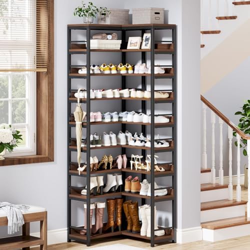Tribesigns 9 Tiers Corner Shoe Rack Rustic Brown Space Saving