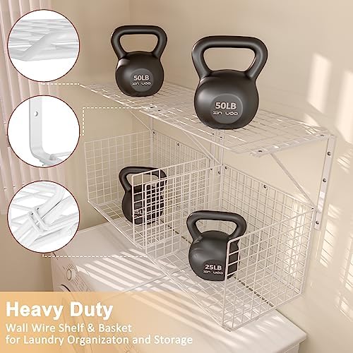 2 Pack Laundry Room Wall Shelves with Wire Baskets and 8 Hooks - White