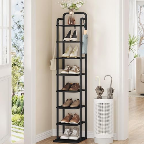 8 Tiers Vertical Shoe Rack Narrow Black Adjustable Corner Storage