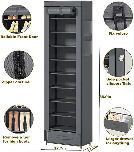 10 Tier Tall Narrow Shoe Rack with Dustproof Cover Storage Organizer