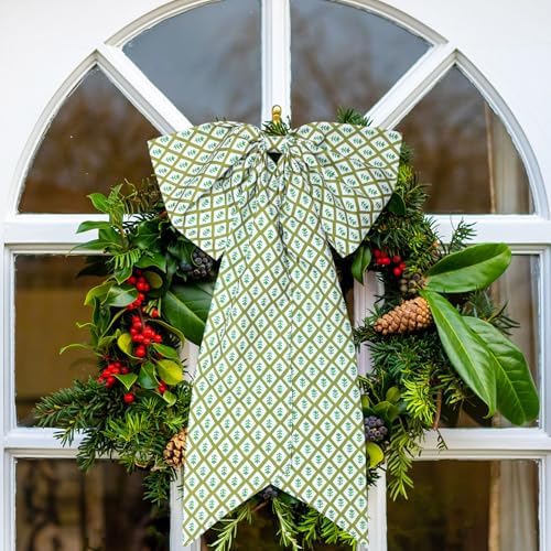 2 Pcs Green Block Print Wreath Sash for Front Door