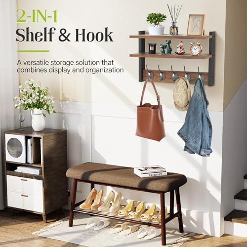 Two-Tier Wall Shelf with Five Hooks Rustic Brown