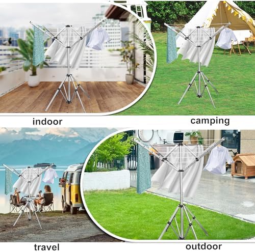 4-arm Telescopic Aluminum Drying Rack with 28 Ropes and Windproof Rotating Design