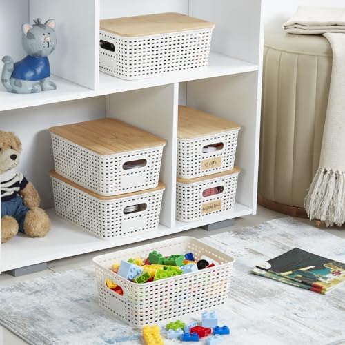 Small Plastic Storage Bins with Bamboo Lids 52Qt Stackable Organizers