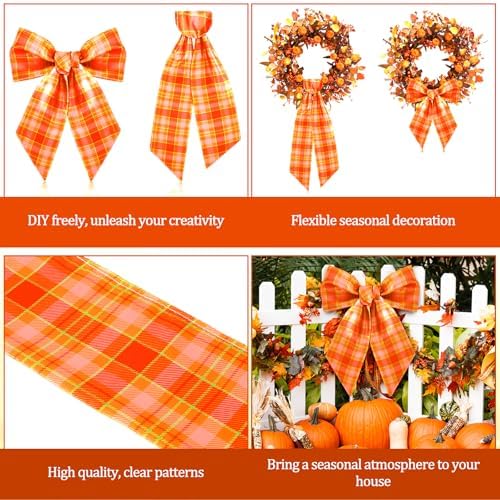 YLOLUL 2 Pcs Fall Wreath Sash for Front Door Buffalo Check Satin Bow DIY Autumn Garland Decor