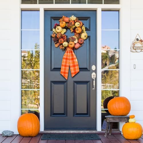 YLOLUL 2 Pcs Fall Wreath Sash for Front Door Buffalo Check Satin Bow DIY Autumn Garland Decor