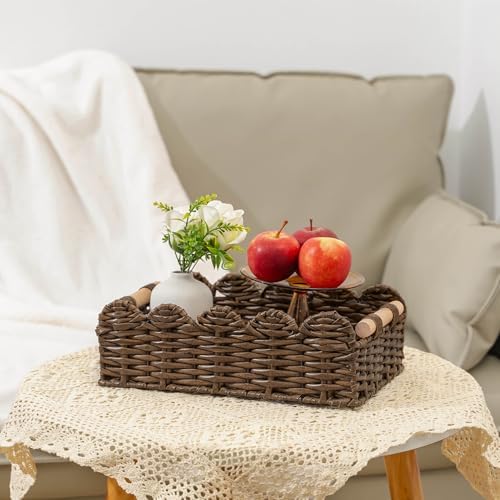 CubesLand PP Wicker Scalloped Edge Floating Shelf Basket Toilet Paper Basket Decorative Storage Container Brown