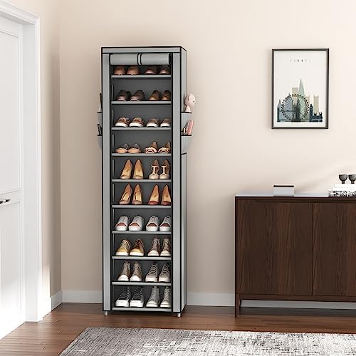 VTRIN 10 Tier Vertical Narrow Shoe Rack Organizer Tall Free Standing Grey