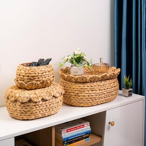 Set of 3 Wicker Storage Baskets with Lid - Decorative Water Hyacinth Bins