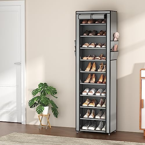 VTRIN 10 Tier Vertical Narrow Shoe Rack Organizer Tall Free Standing Grey
