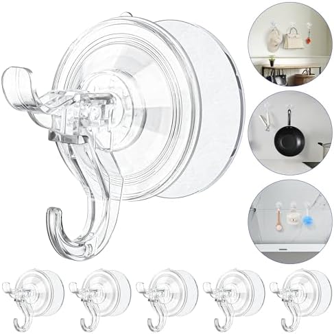 Artressel Suction Cup Hooks 5 Pack Heavy Duty Clear Shower Hook for Bathroom Wall Towel Tile Kitchen Glass Door Window