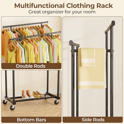 Double Rods Clothes Rack with Rolling Wheels