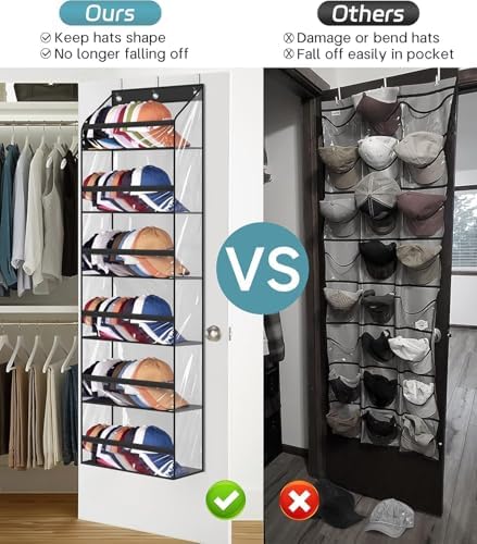 AOODA Clear Over The Door Hat Racks for Baseball Caps 72 Caps Storage Organizer 3 Hooks Black