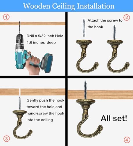 2 Sets Heavy-Duty Swag Ceiling Hooks with Hardware - Antique Brass
