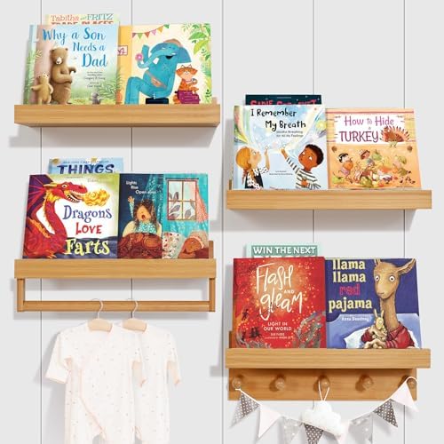 Ollieroo Set of Four Floating Bamboo Book Shelves for Kids Room Wall Mount Natural