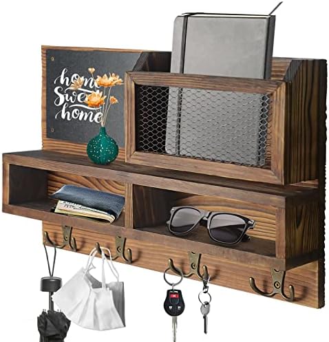 WEWEOW Key Holder Wall Mount with 4 Hooks and Chalkboard