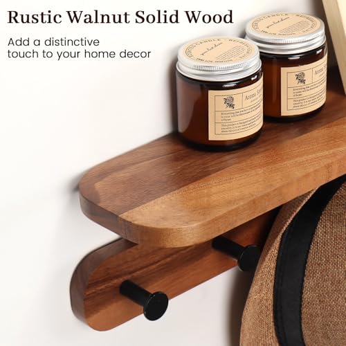 Walnut Wall Shelf with 5 Hooks for Entryway Storage