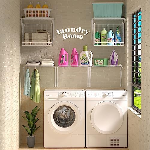 2 Pack Laundry Room Wall Shelves with Wire Baskets and 8 Hooks - White